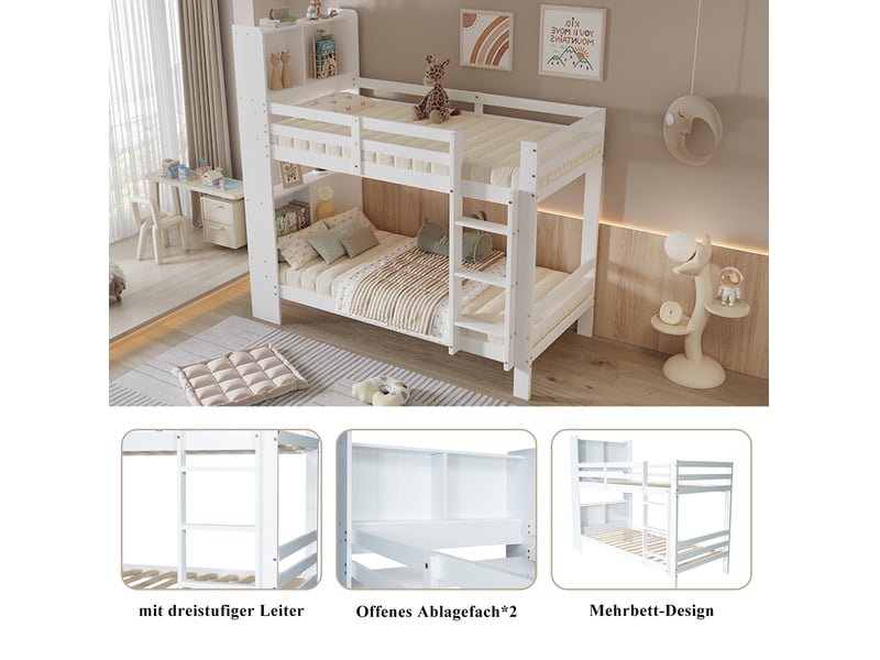  Lits superposés enfant 90x200 cm, avec espace de rangement, garde-corps, 2 sommiers, bois blanc, sécurisé, sans matelas  - Conforama D