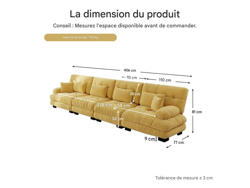  Canapé modulable 4 places en tissu chenille jaune 406x77x81 cm W3325S00220 - Conforama C