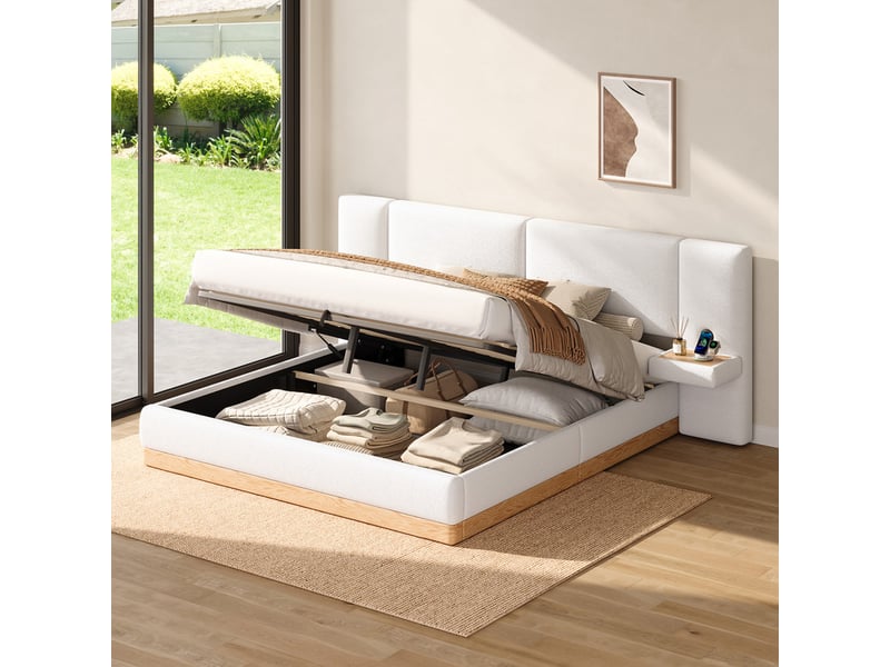 Lit coffre rembourré 180x200 cm - avec étagères en tête de lit et ports usb - tissu teddy + pu - blanc+naturel (sans matelas) - Conforama B