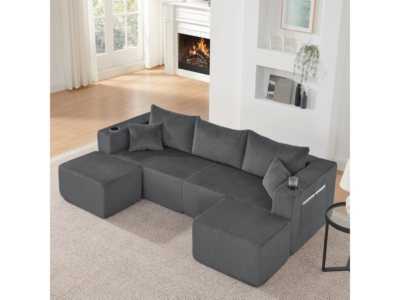  Canapé d’angle modulable 3 places avec ottomans mobiles  - porte-gobelets, velours côtelé gris  - Conforama C