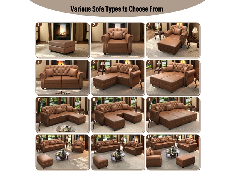  Salon chesterfield 4 places avec pouf en simili cuir marron, 210 cm Fay Lum - Conforama D