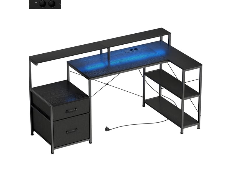  Bureau gaming l-forme avec led et prises électriques, support double moniteur, 165x80x91,5 cm, finition bois noir  - Conforama A