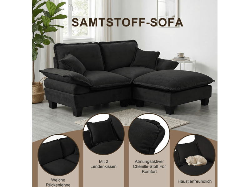  Canapé d’angle cloud 4 places en chenille noir avec 2 ottomans mobiles  - Conforama D