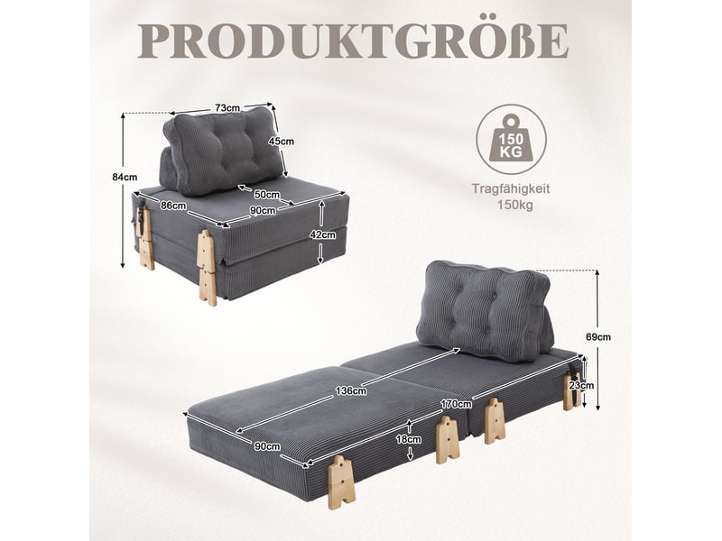 Fauteuil convertible en lit avec dossier rembourré et structure en bois, gain de place en velours côtelé gris foncé - Conforama D