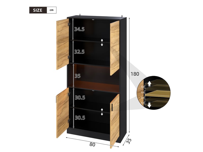 Armoire de rangement 80x35x180 cm avec led, meuble de bureau effet bois noir avec étagères réglables, bibliothèque portes pour salon bureau et entrée - Conforama D