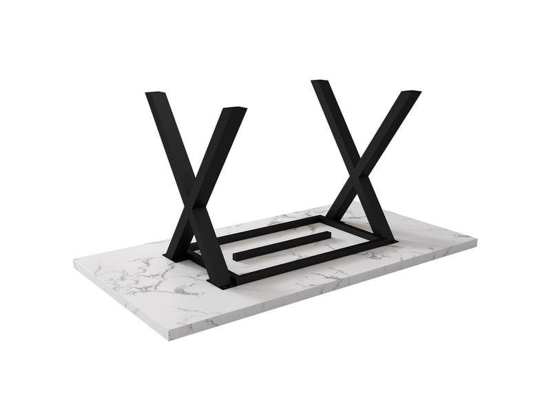 Table à manger moderne marbre noir+blanc 140x80x76 cm, rectangulaire, pieds croisés en fer forgé - Conforama E