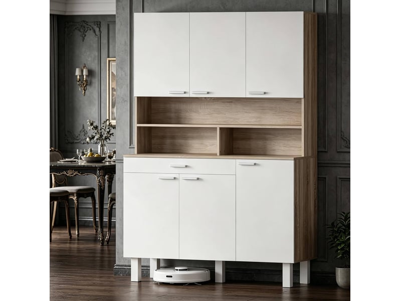  Buffet de cuisine haut 120x40x175 cm, 6 portes et 1 tiroir, blanc et effet bois naturel  - Conforama C