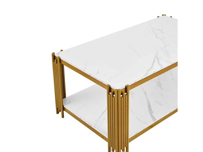  Table basse table de salon plateau effet marbre forme rectangulaire pieds en métal style moderne blanc et doré  - Conforama A