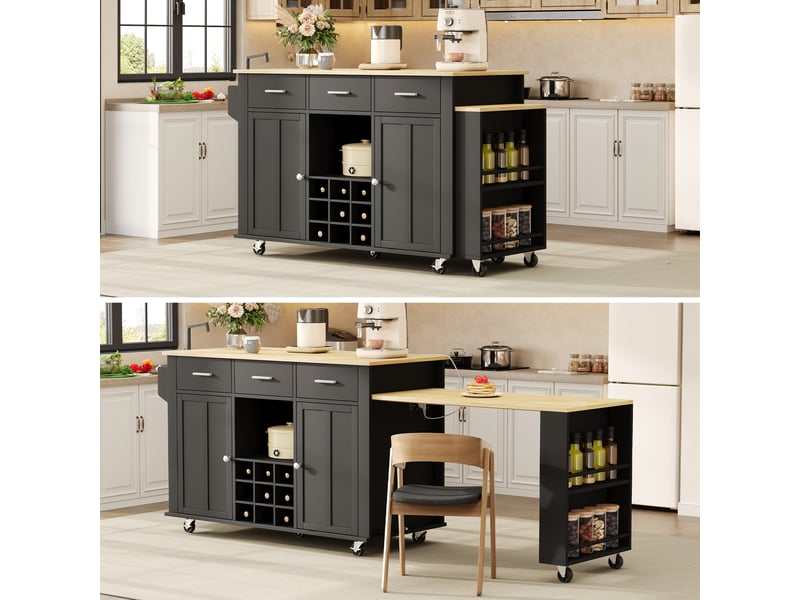 Îlot de cuisine avec plan de travail extensible, desserte de cuisine à roulettes avec 3 tiroirs, casier à vin et prises usb, noirchêne - Conforama C