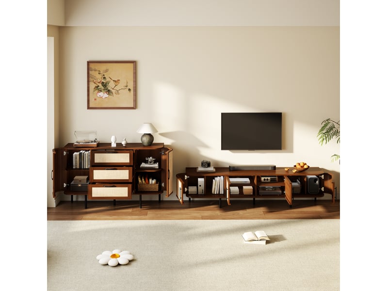  Ensemble meuble tv et buffet tcqpz mdf noyer façades effet cannage rangement pieds métal  - Conforama E