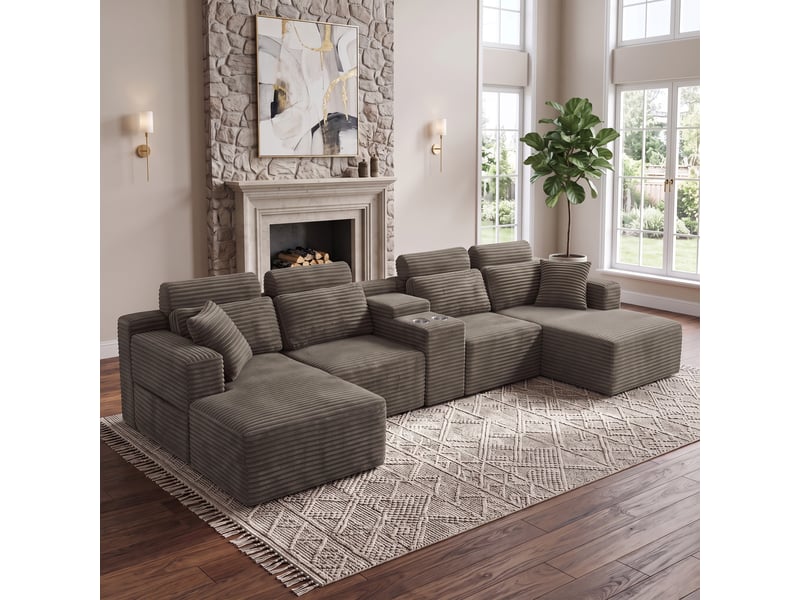 Canapé d’angle en u 6 places 372 x 151 x 80 cm, grand format modulable à assise moelleuse et porte-gobelets, mousse et velours côtelé, kaki OMNIGLINT TRADING LTD - Conforama B