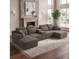 Canapé d’angle en u 6 places 372 x 151 x 80 cm, grand format modulable à assise moelleuse et porte-gobelets, mousse et velours côtelé, kaki