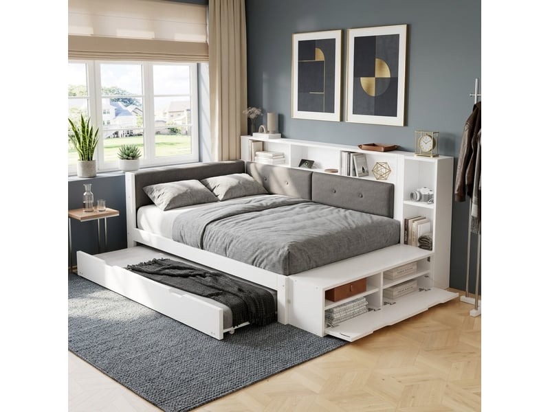  Lit gigogne tcqpz 120 x 200 cm avec couchage coulissant 90 x 190 cm rangement et base de chargement bois blanc et gris  - Conforama D