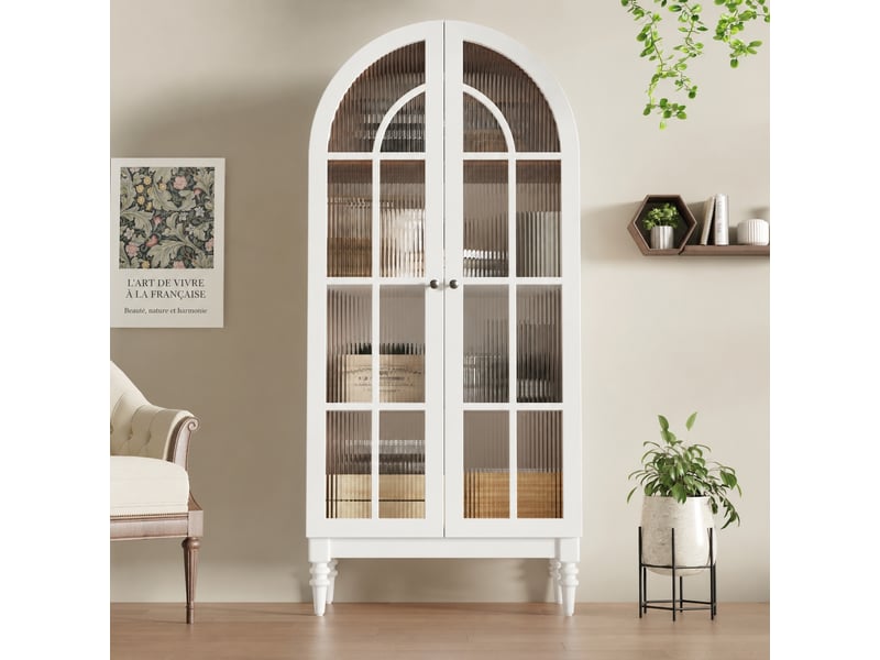  Meuble de cuisine muvano, armoire vitrine avec portes doubles en verre strié, blanche, 165 cm  - Conforama B