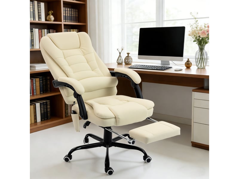 Fauteuil de bureau massant, chaise de bureau avec hauteur réglable, dossier inclinable et télécommande filaire, beige - Conforama B
