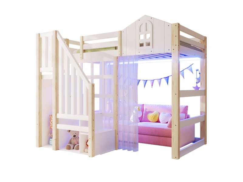  Lit mezzanine enfant 90x200 cm, avec lit simple, sommier, rangement, led, bois et mdf, blanc et naturel, sans matelas  - Conforama A
