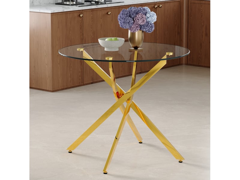 Table de salle à manger pour 2 à 4 personnes avec plateau en verre trempé, piètement métal doré, diamètre 88 × 75 cm - Conforama B