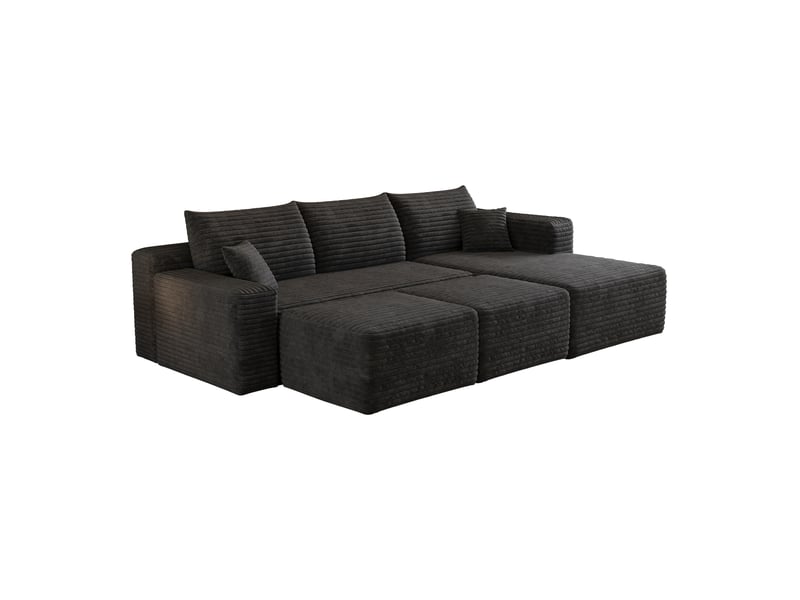 Canapé d'angle modulaire 3 places avec 2 poufs 241 x 151 x 58 cm, assise profonde, design nuage, livré monté, velours côtelé, noir Bliss Lite - Conforama A