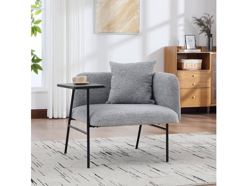  Fauteuil de détente gris en chenille avec table d’appoint et deux poches de rangement  - Conforama C