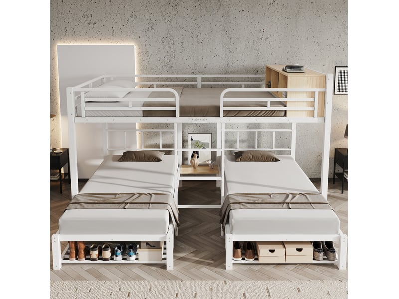 Lit superposé 140 × 200 cm et 90 × 200 cm, 3 places avec étagère et rangement chaussures, sans matelas, métal blanc - Conforama C