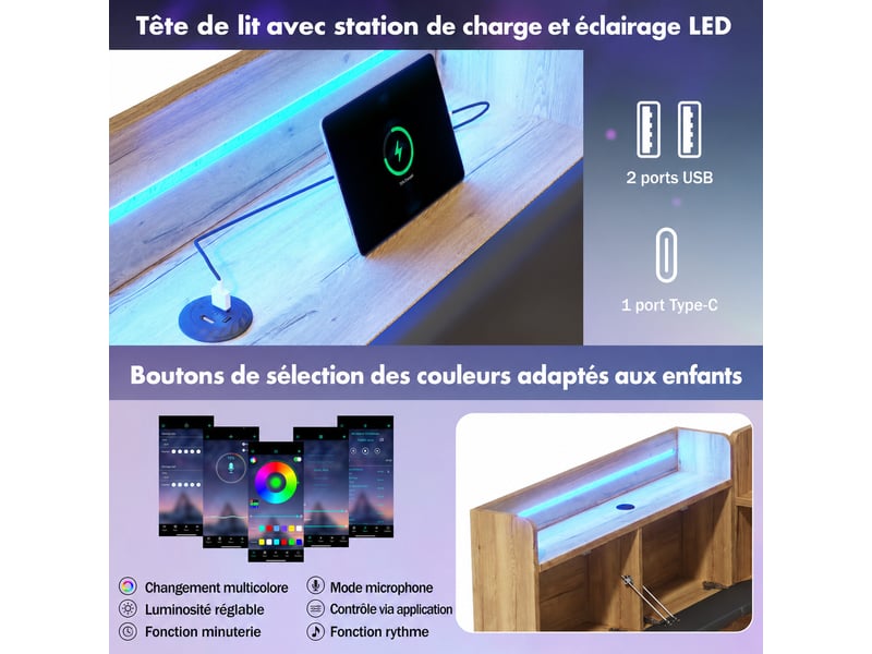  Lit banquette 90x200 cm avec lit gigogne 90x190 cm, rangements, port usb, type-c et éclairage led, naturel  - Conforama E