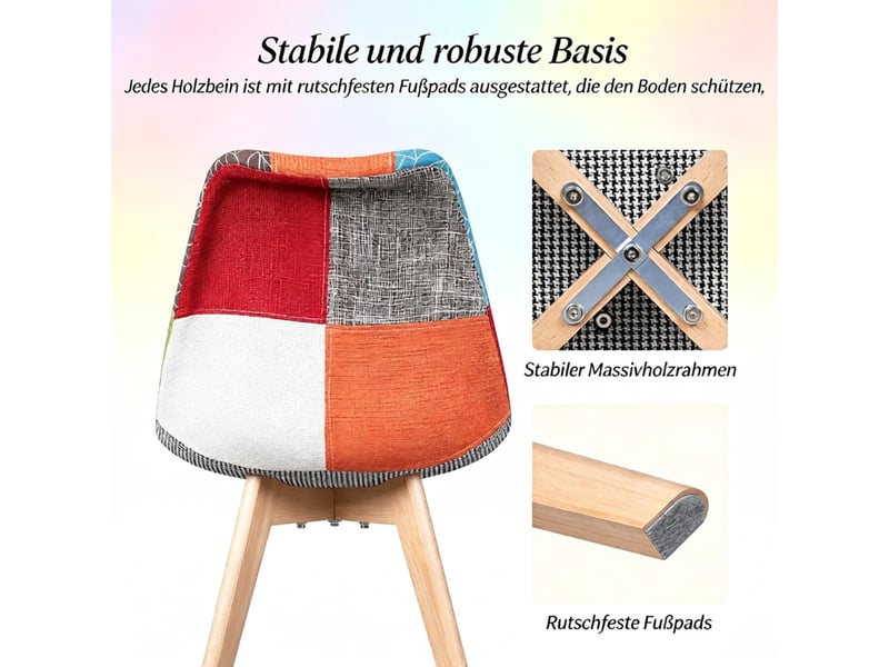 Chaises de salle à manger, lot de 4 rembourrées avec dossier ergonomique et pieds croisés, en lin et bois multicolore - Conforama E