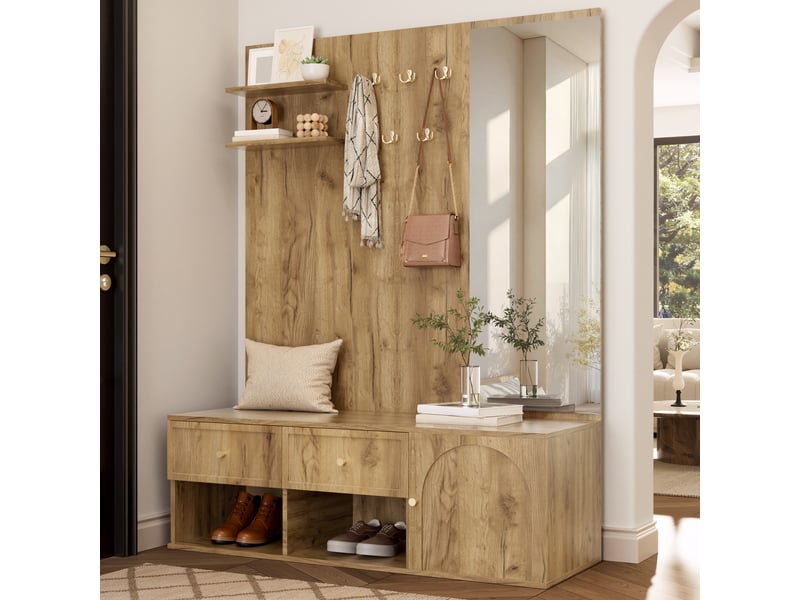  Vestiaire d'entrée complet avec banc à chaussures, miroir et portemanteau mural 5 crochets, aspect bois 120cm  - Conforama R