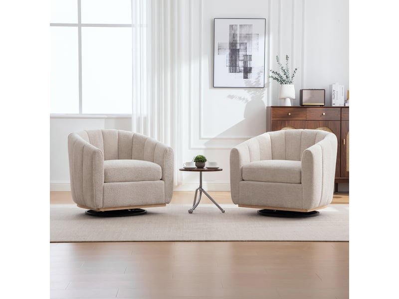  Fauteuil lounge pivotant avec repose-pieds en chenille beige – 81 x 73 x 75,5 cm Fay Lum - Conforama E