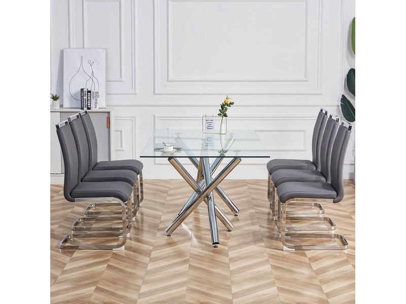  Lot de 4 chaises cantilever 42x54x100 cm, salle à manger, salon, cuisine, dossier haut, pieds métal chromé, assise pu grise  - Conforama B