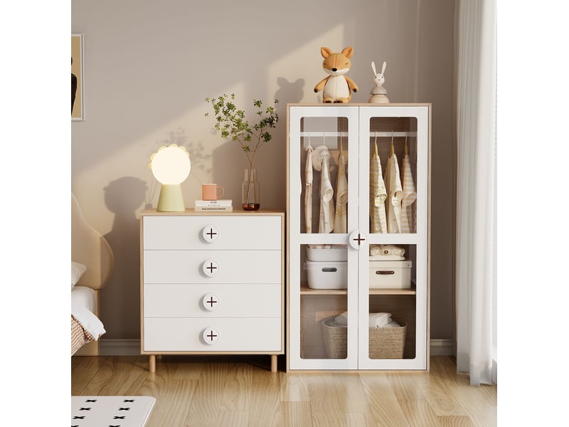  Table de chevet 4 tiroirs 80 x 54 x 90 cm, design moderne, meuble de rangement pour chambre en panneaux mdf naturel et blanc  - Conforama E