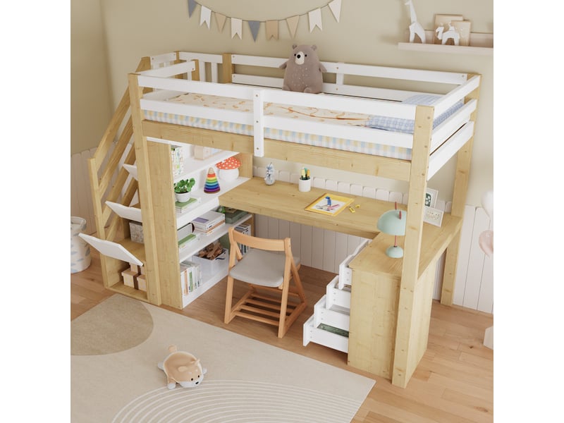 Lit mezzanine en bois 90 x 200 cm, blanc et bois naturel, avec bureau, étagère, tiroirs et escalier de rangement - Conforama D