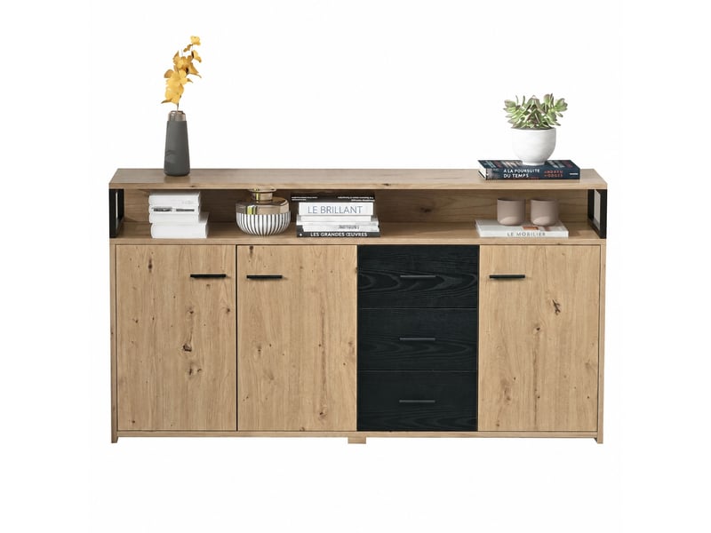  Buffet 3 portes 3 tiroirs industriel noir et bois, meuble de rangement 150 cm  - Conforama E