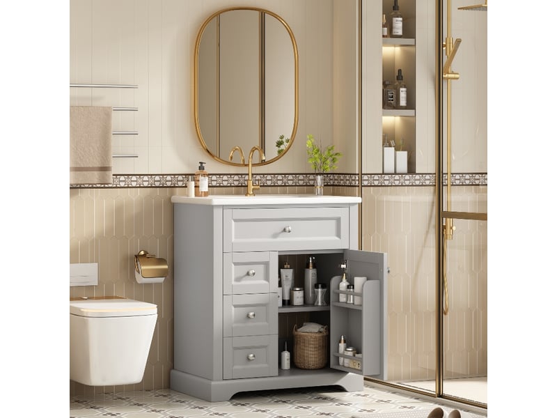  Meuble salle de bain avec lavabo 76x46x87cm, meuble sous vasque sur pied en mdf gris, tiroirs et étagère  - Conforama D