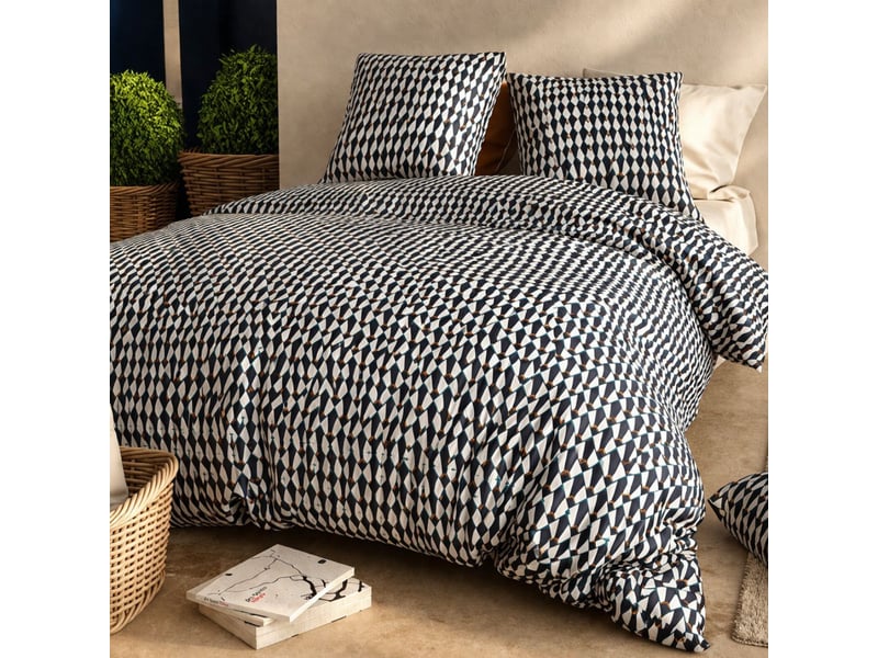  Parure housse de couette 260x240cm + 2 taies motif géométrique bleu nuit 100% coton - nolane NOLANE - Conforama B