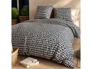 Parure housse de couette 260x240cm + 2 taies motif géométrique bleu nuit 100% coton - nolane