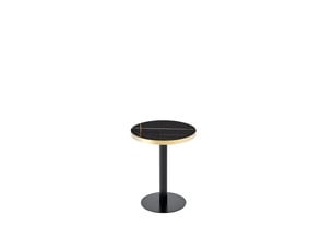 Table basse ronde avec plateau effet marbre et bord doré, piètement métallique stable, pour salon et chambre