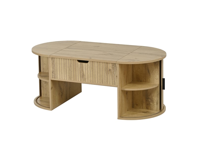  Table basse relevable ovale avec 2 portes coulissantes et étagères ouvertes pour salon en mdf chêne - uvrion  - Conforama A