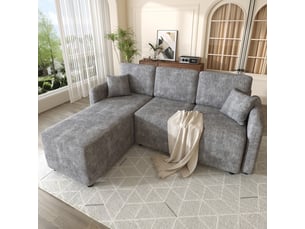 Canapé d'angle en l 3 places 188 cm en chenille gris, méridienne 144 cm et 2 coussins