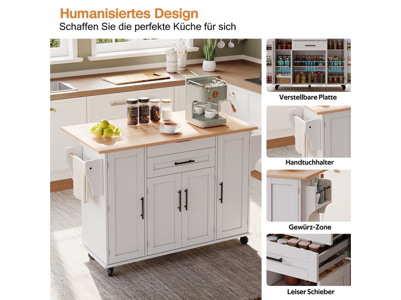  Îlot de cuisine mobile 136 × 4570 × 92 cm en mdf, plateau extensible, étagères réglables, tiroir caché et porte-serviette  - Conforama D