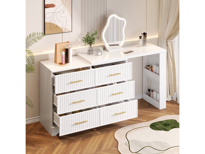  Coiffeuse d'angle blanche avec miroir led 3 couleurs, table de maquillage modulable en l avec tiroirs, 110cm  - Conforama C