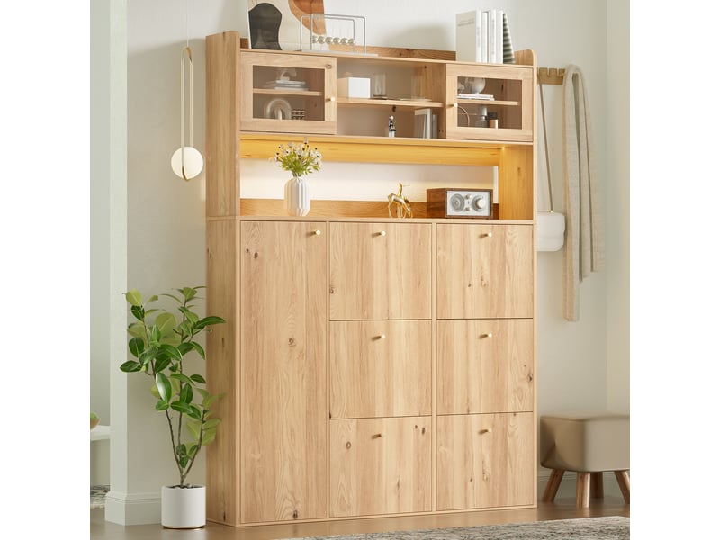  Meuble à chaussures - 130x25x180cm - armoire étroite avec led, 6 casiers abattants, 1 porte &amp; vitrine - bois chêne naturel  - Conforama D