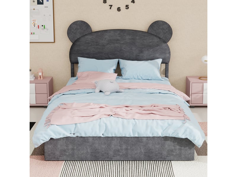  Lit enfant 140x200 cm coffre avec tête cartoon, métal, gris, sans matelas  - Conforama W