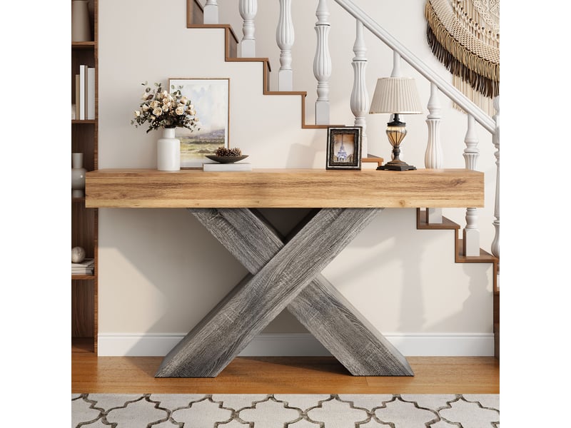  Table console bois naturel 140 cm, console étroite pour entrée avec pieds en x, table d'appoint robuste pour salon  - Conforama C