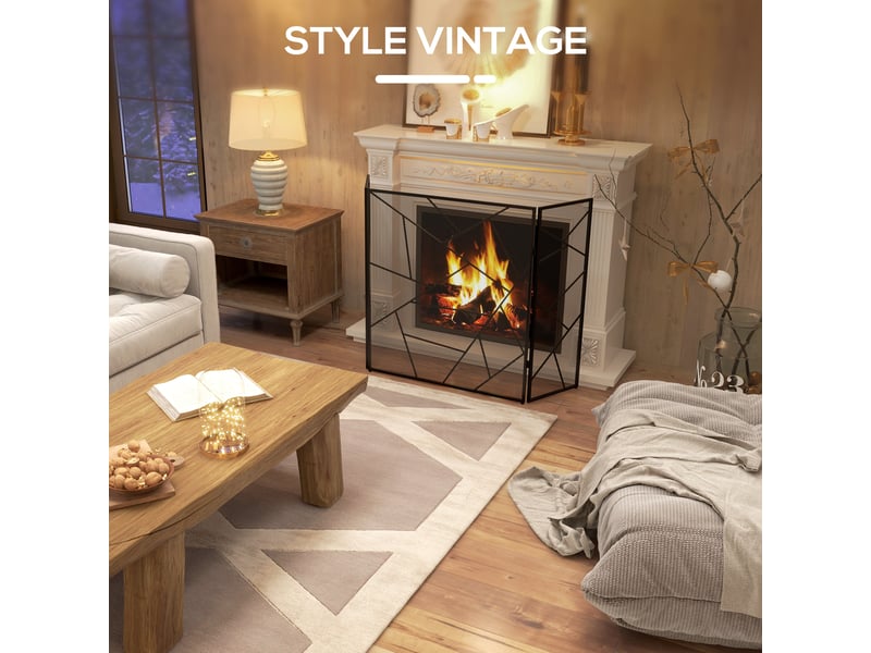  Pare feu cheminée pliable 3 panneaux en acier avec décor géométrique et pieds antidérapants, 135l x 1,2p x 85h cm, noir  - Conforama R