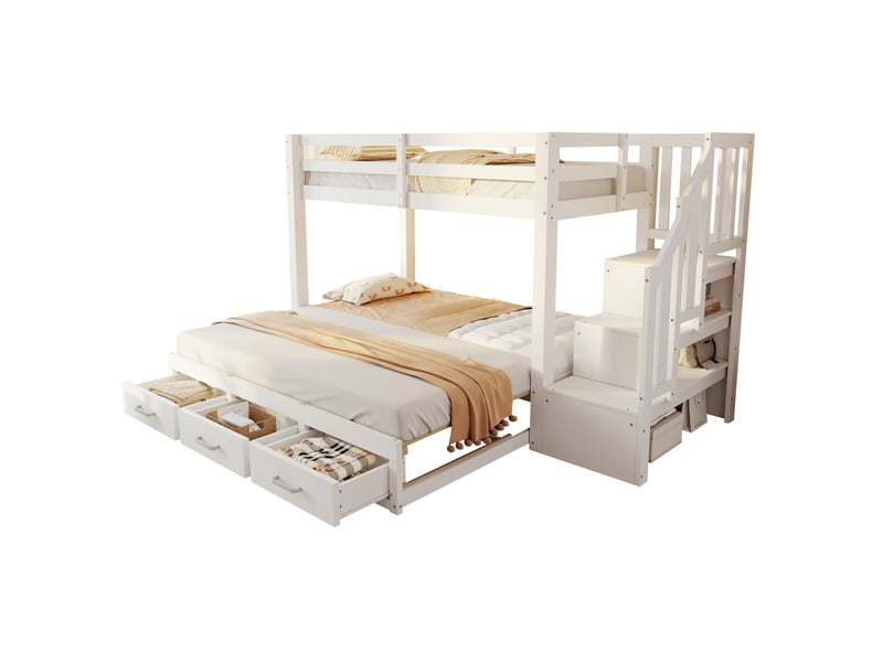  Lit superposé 90x200 cm avec lit gigogne 90180x190 cm, 3 tiroirs, échelle et rangements, pin et mdf blanc  - Conforama A