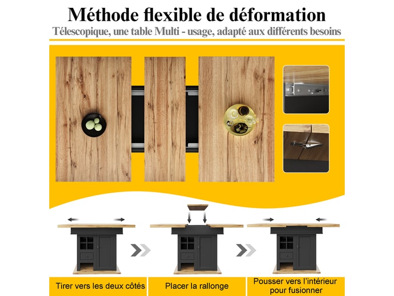  Table extensible 110-140x80x75 cm avec rangements réglables et portes à fermeture douce, mdf, noir et naturel  - Conforama D