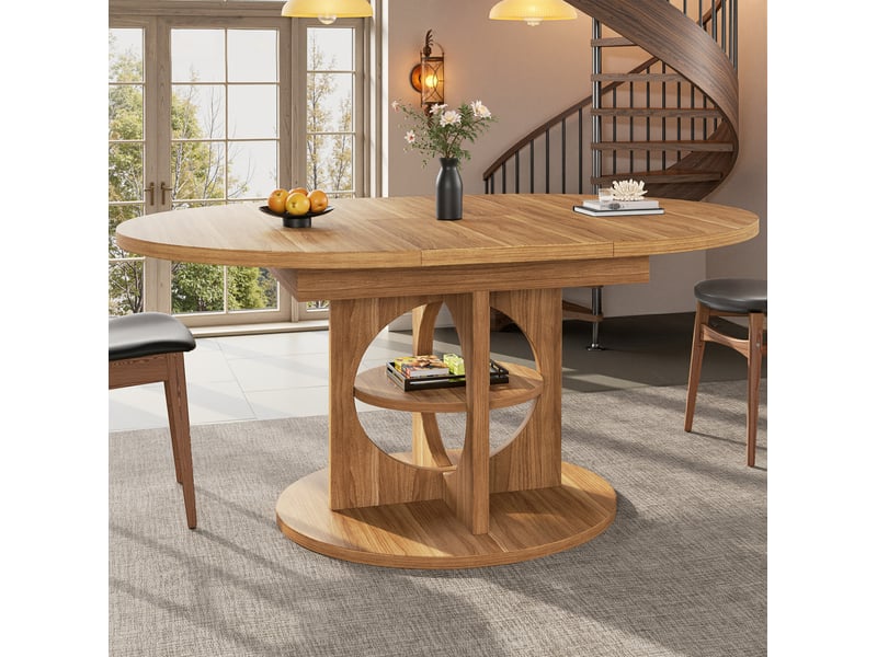  Table à manger extensible, plateau rond à ovale 110-150cm, espace de rangement, panneau aggloméré et cadre métal ton naturel, salle à manger  - Conforama D