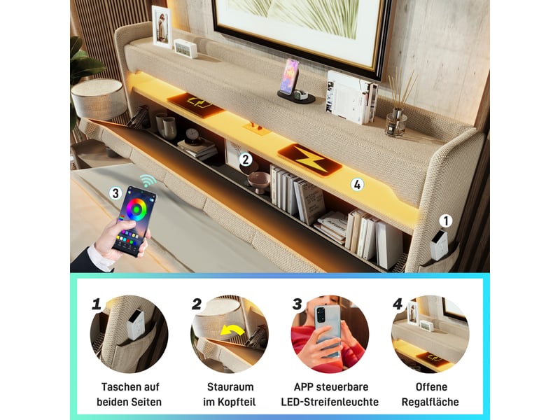  Lit coffre, lit enfant 90x200 cm, rangement hydraulique, tête de lit avec rangement, led 360°, usbusb-c, matelas inclus, lin beige  - Conforama D