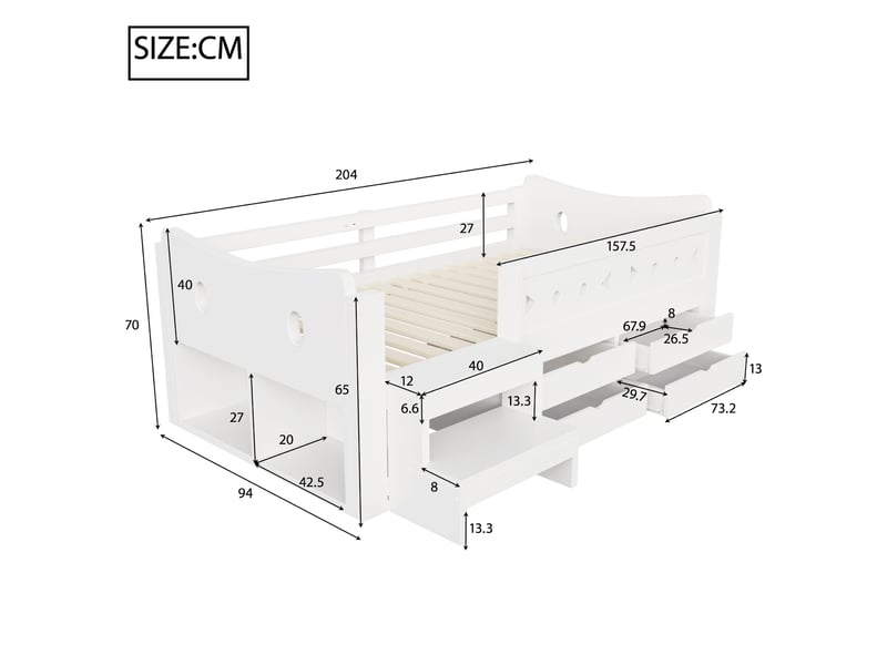 Lit simple 90x200 cm - 4 tiroirs et rangement - tête de lit avec led, usb & type-c - barrières de sécurité - blanc - Conforama C