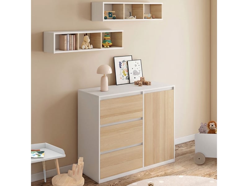  Commode à langer évolutive ambre façon hêtre et blanc 3 tiroirs, 1 panier à linge, table à langer et 2 étagères amovibles  - Conforama C